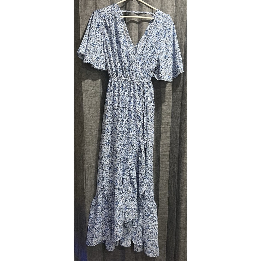 CY Fashion Blue‎ Floral Long Wrap Dress Size S Loose fit Front and back V neck